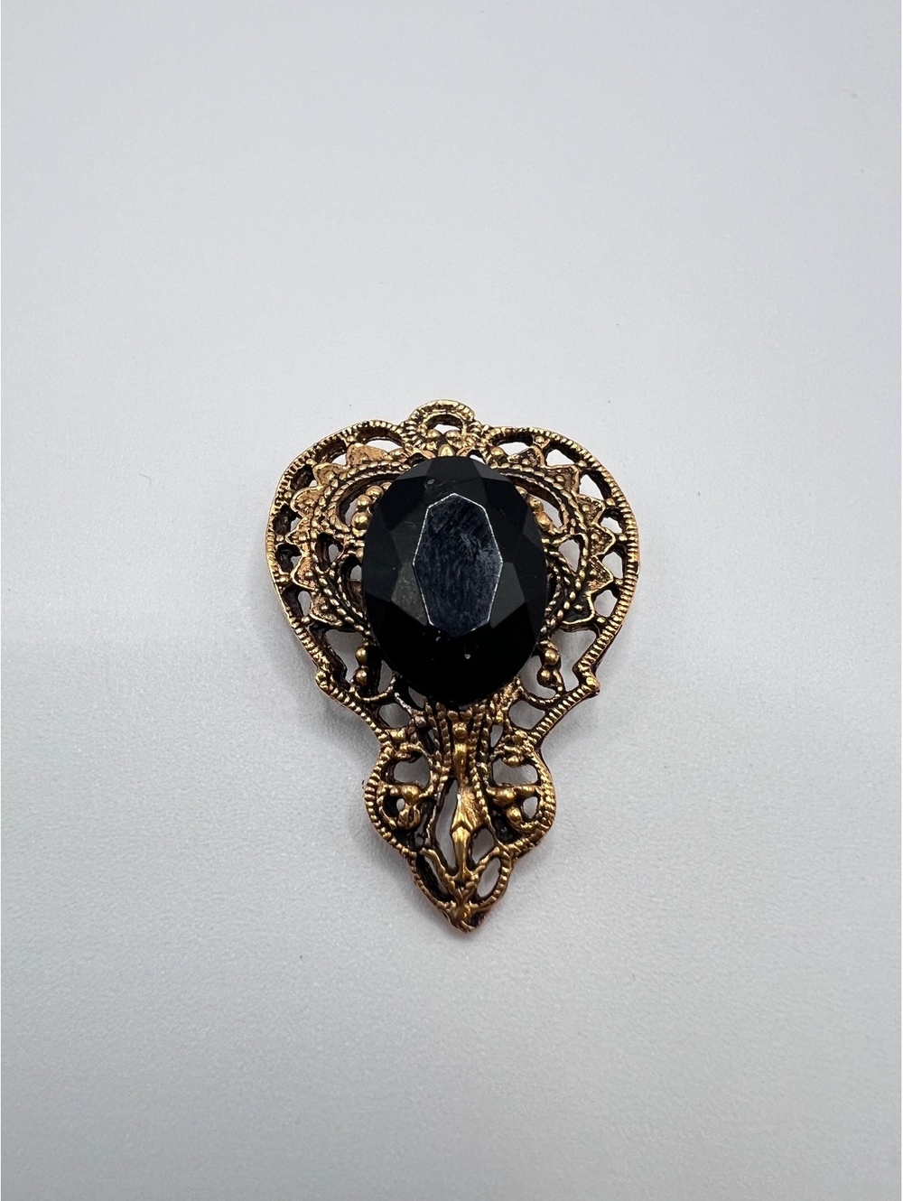 Vintage Black Glass Filigree Gold Tone Brooch Pin Victorian Revival